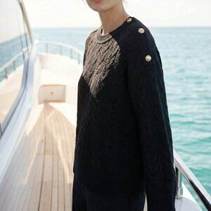 NWT $148 J. CREW Cable-knit sweater with buttons black L